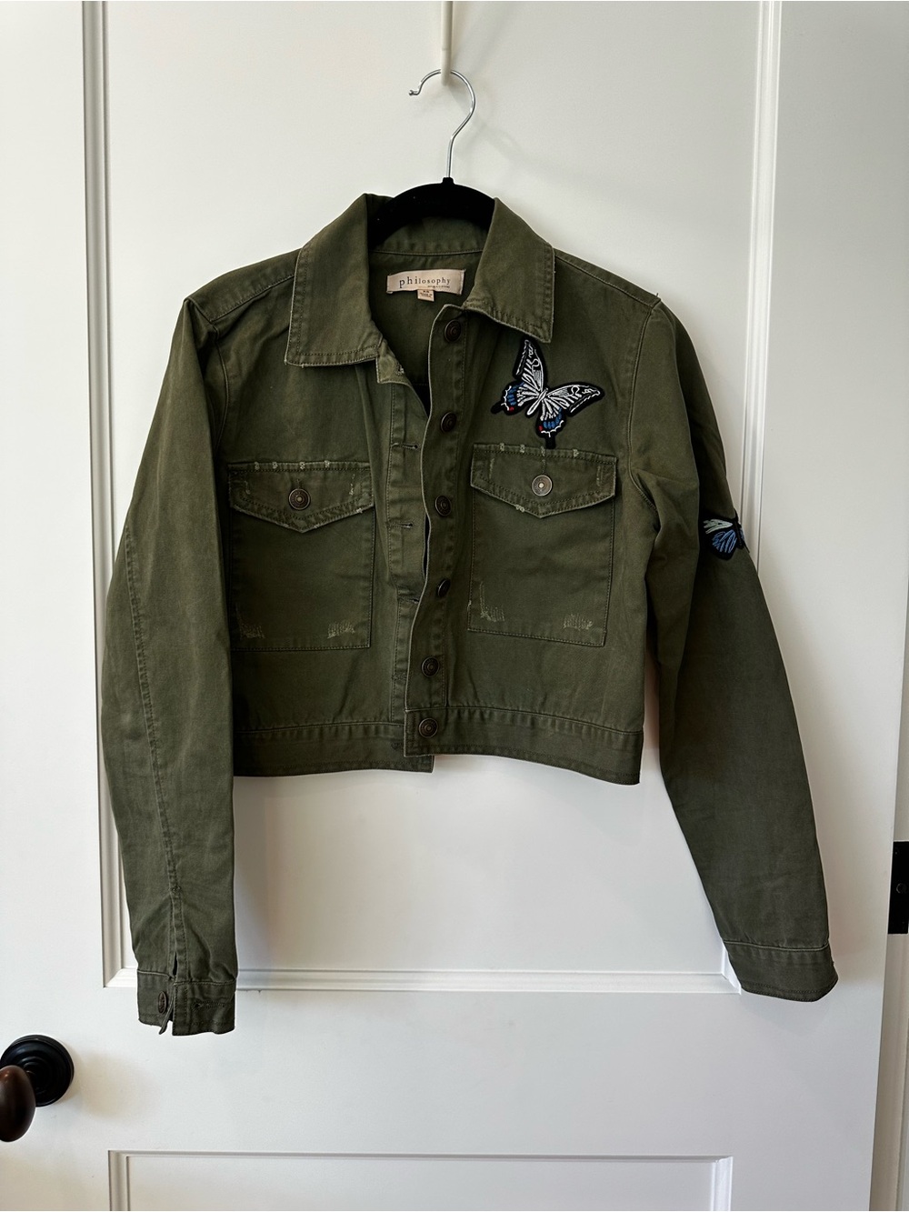 Philosophy Olive Green Cropped Jacket with Butterfly Patches